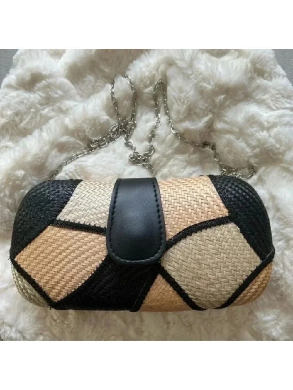 New Handmade Buntal Straw Clutch Purse Chain Strap Magnetic Snap Closure Tan